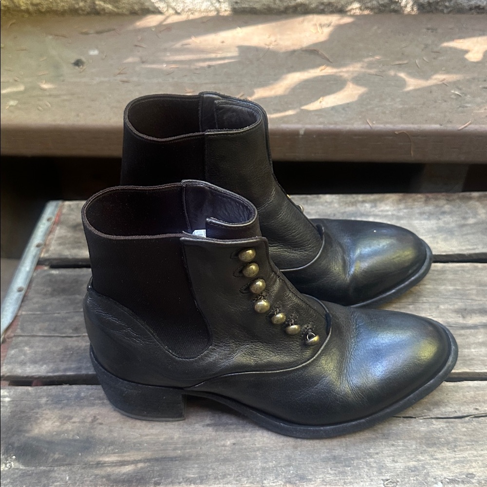 Officine Greative Black Leather Ankle Boots with Button Detail